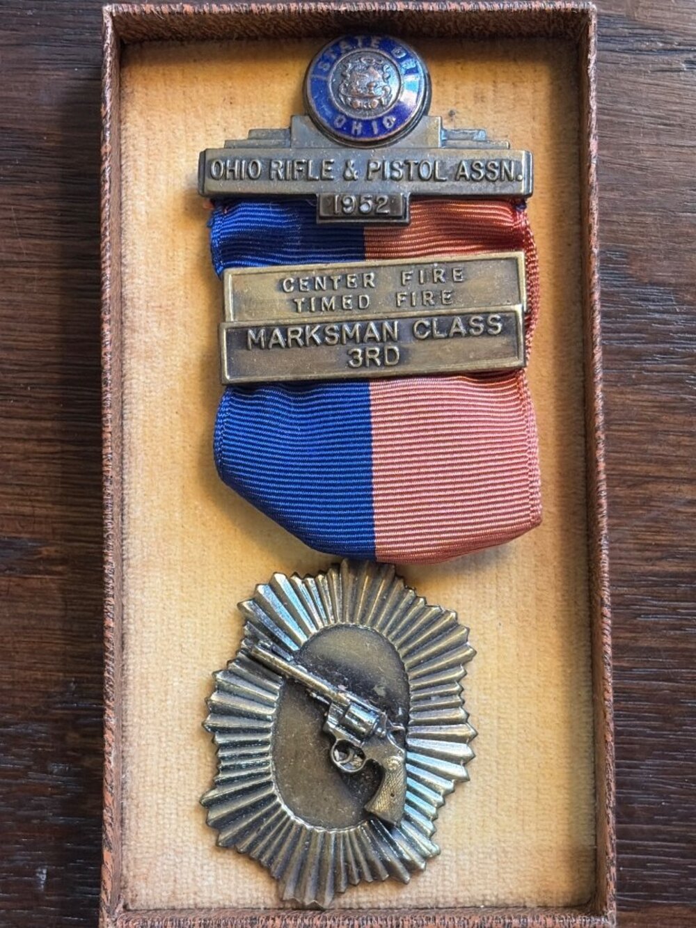 Ohio Rifle & Pistol Association 1952 Marksman Medal Ribbon & Revolver Badge